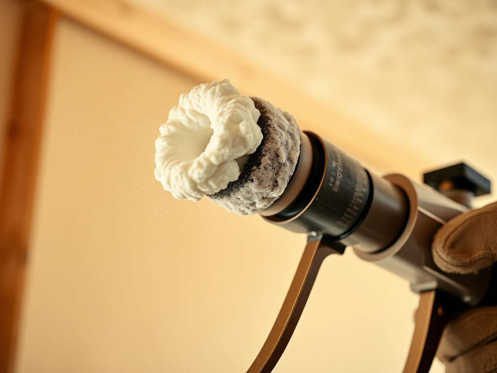 Close-up of a spray foam insulation gun applying cured foam texture