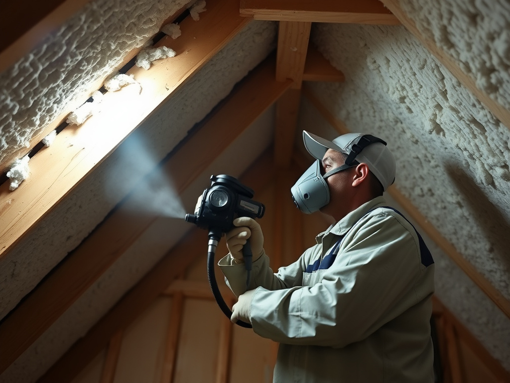 Technician spraying foam insulation onto an attic roof deck